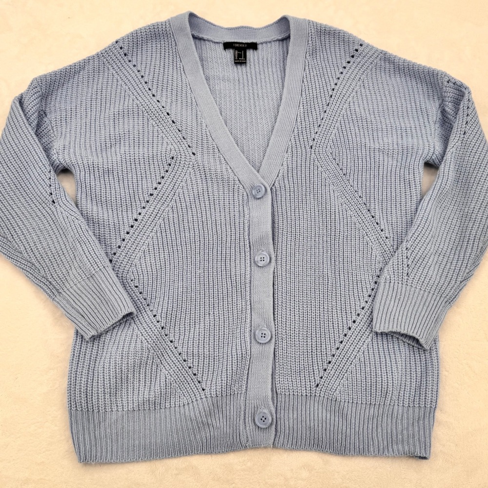Forever 21 Light Blue Ribbed Knit Button Front Comfy Soft Cardigan Sweater Small